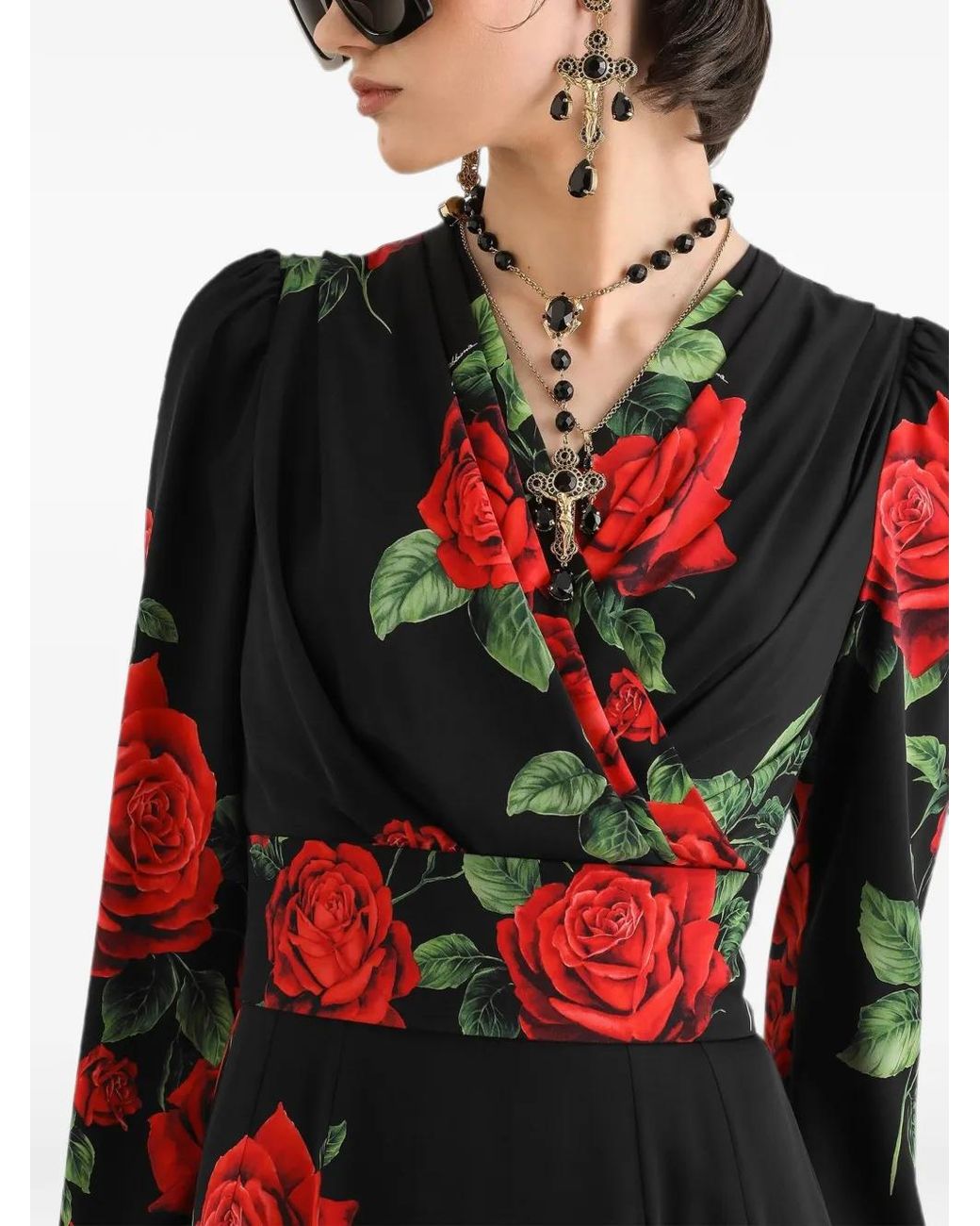 Dolce & Gabbana Red Rose-Print Wrap Maxi Dress