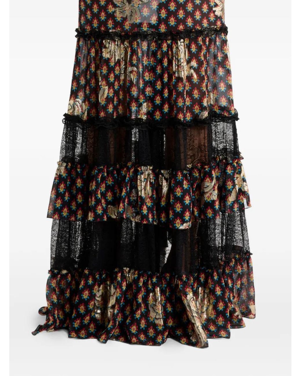Etro Black Silk And Lace Maxi Skirt With Fil Coupé Roses And Tie-Inspired Motif