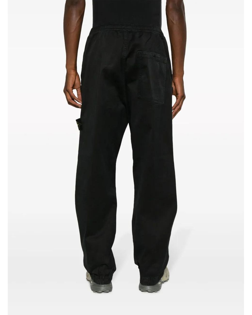 Stone Island Black Elasticated Band Loose Cargo Trousers In Broken Twill Cotton for men