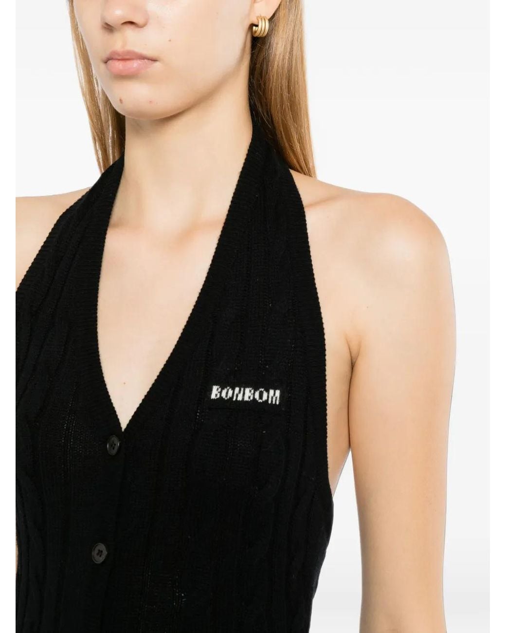 BONBOM Black Cable-Knit Halterneck Top