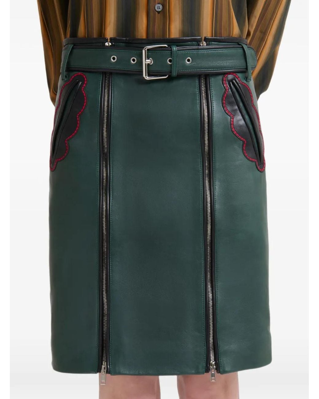 Marni Green Deep Leather Skirt With Leaf Pockets