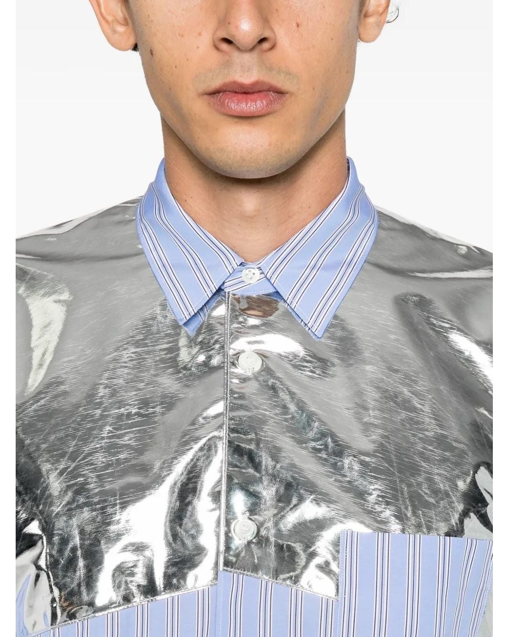 Comme des Garçons Blue Striped Metallic-Panel Shirt for men