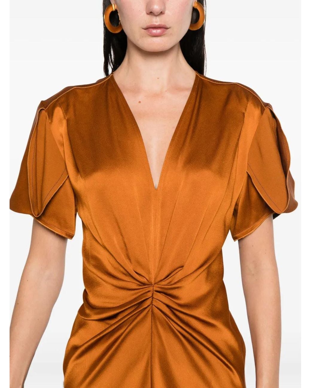 Victoria Beckham Orange Gathered V Neck Midi Dress Clothing