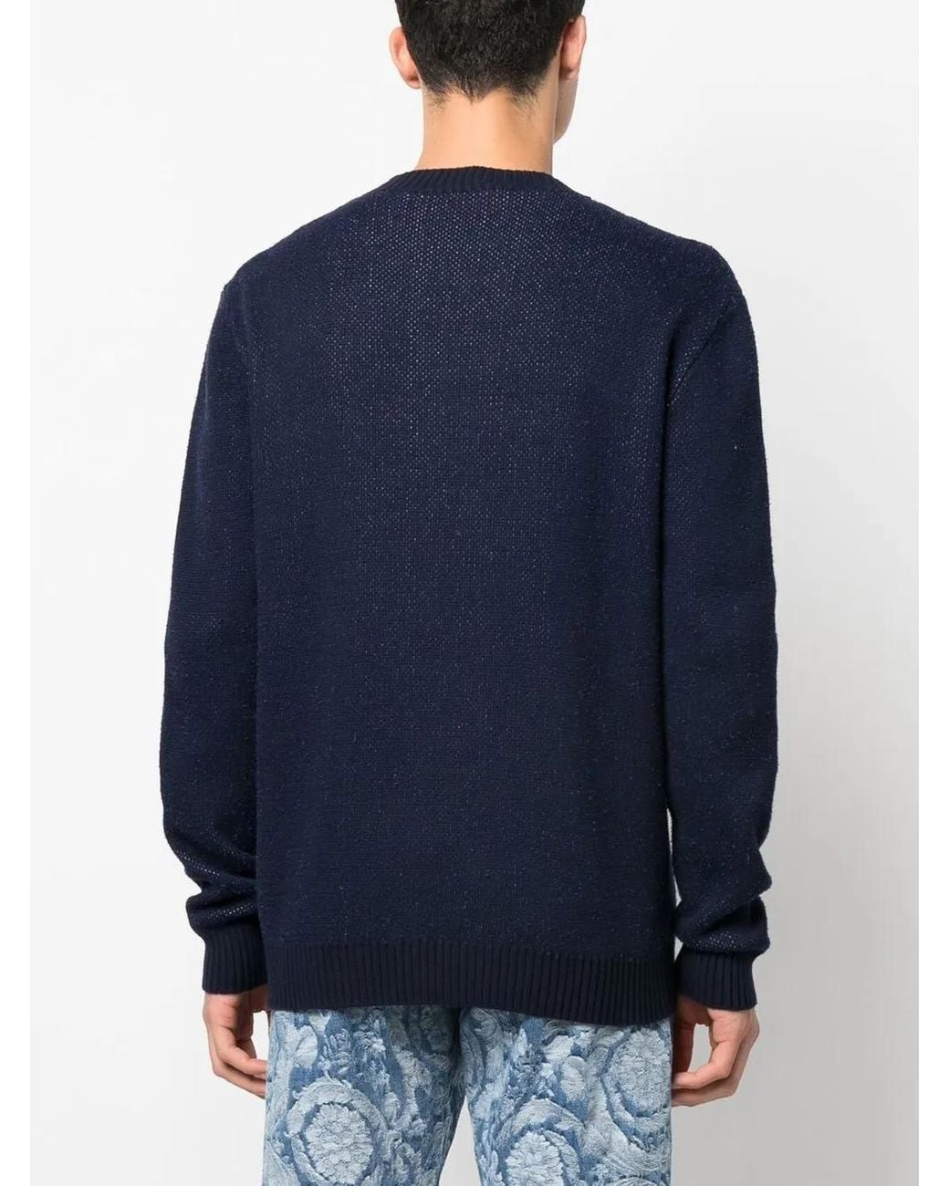 Versace Blue Intarsia-Knit Logo Jumper for men