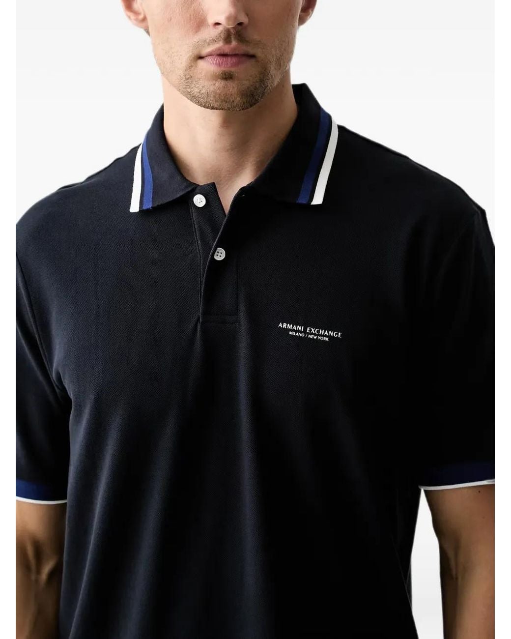 ARMANI EXCHANGE Black Logo-Print Tipped Polo Shirt for men