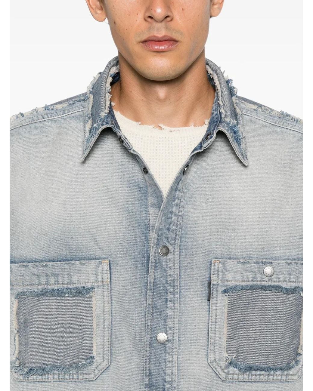 Haikure Blue Nelson Distressed Patchwork Denim Shirt for men