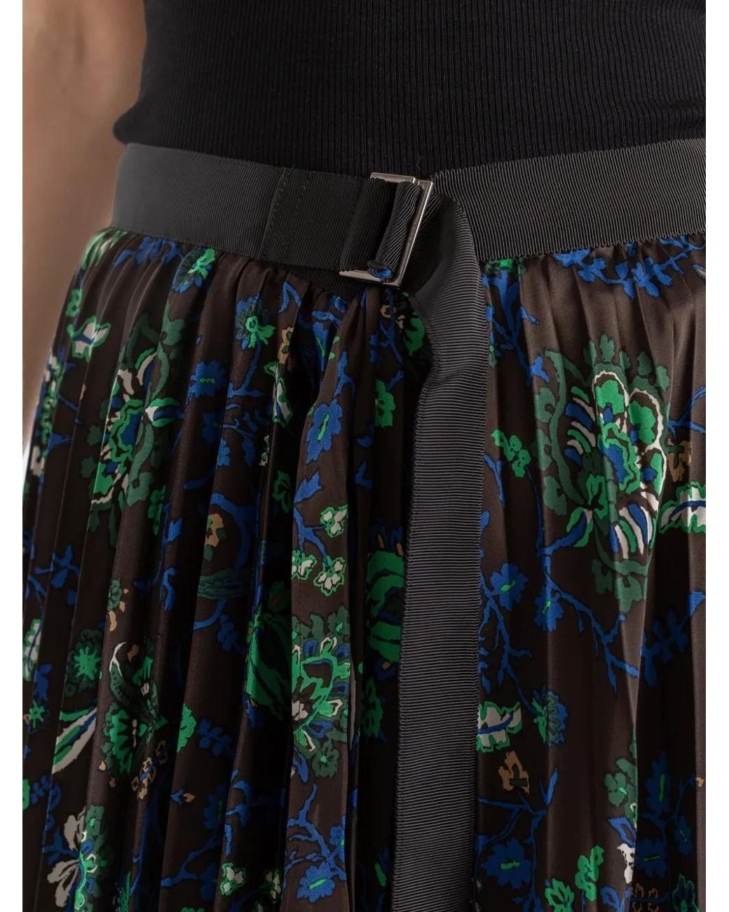 Sacai Blue Floral-Print Pleated Midi Skirt