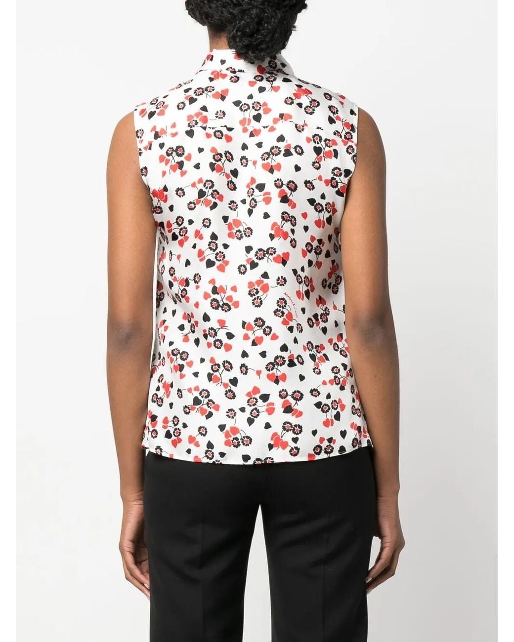Moschino Red Floral-Print Pussy-Bow Collar Top
