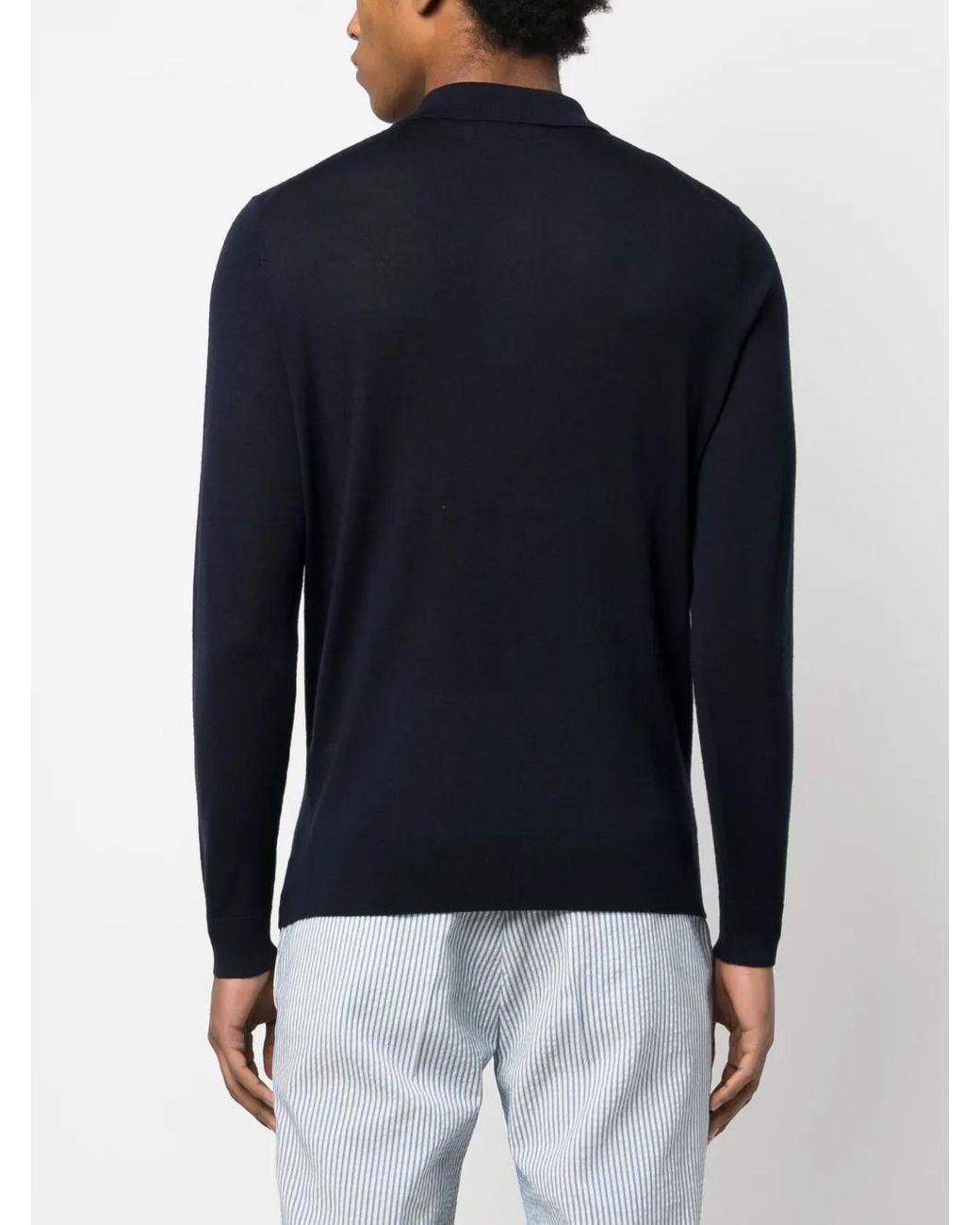Fursac Blue Long-Sleeved Wool Polo Shirt for men