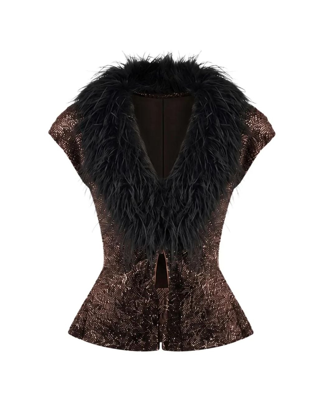 Gemy Maalouf Black Sequined Feather-Trim Top