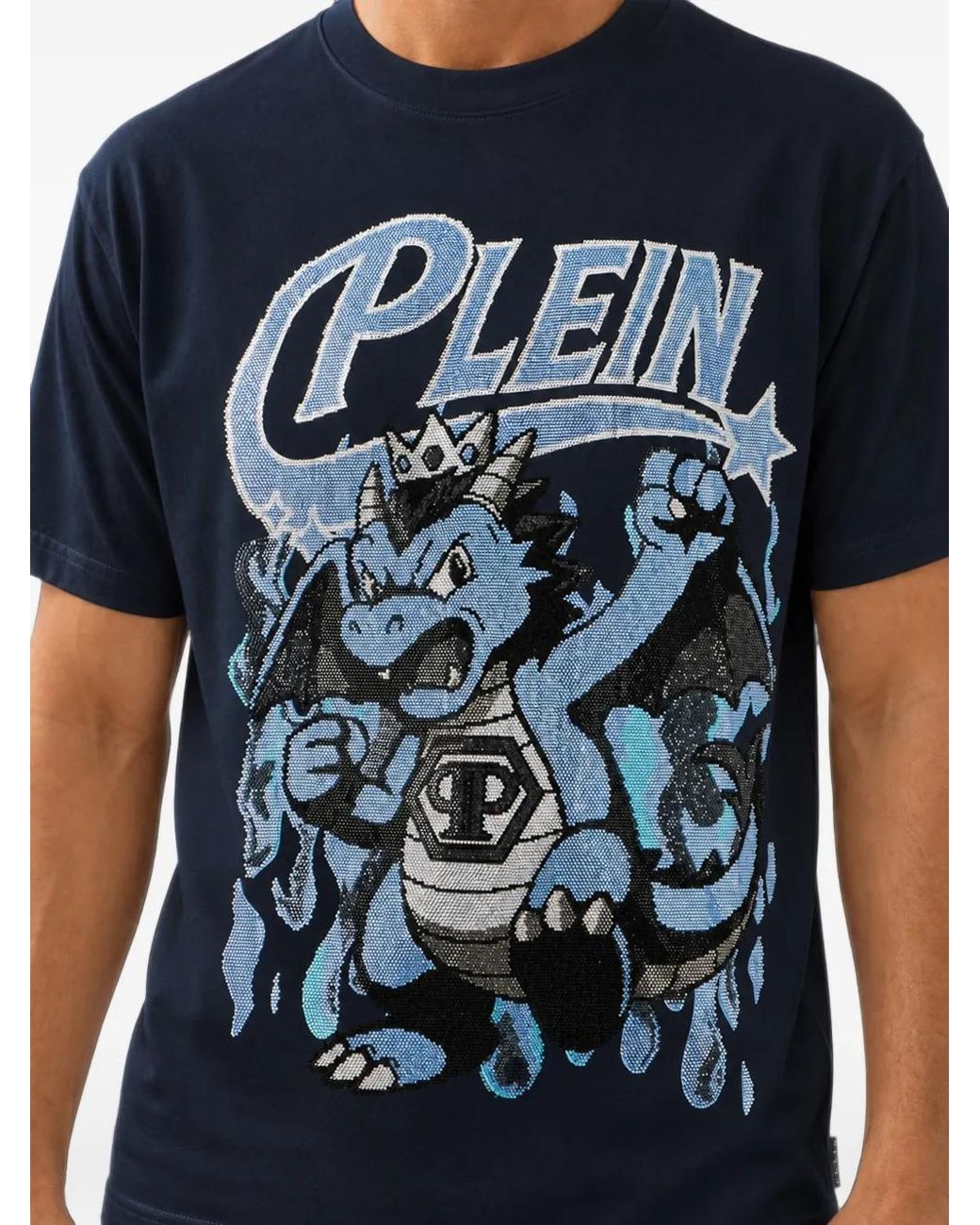 Philipp Plein Blue Round Neck T-Shirt Big Dragon Stones for men