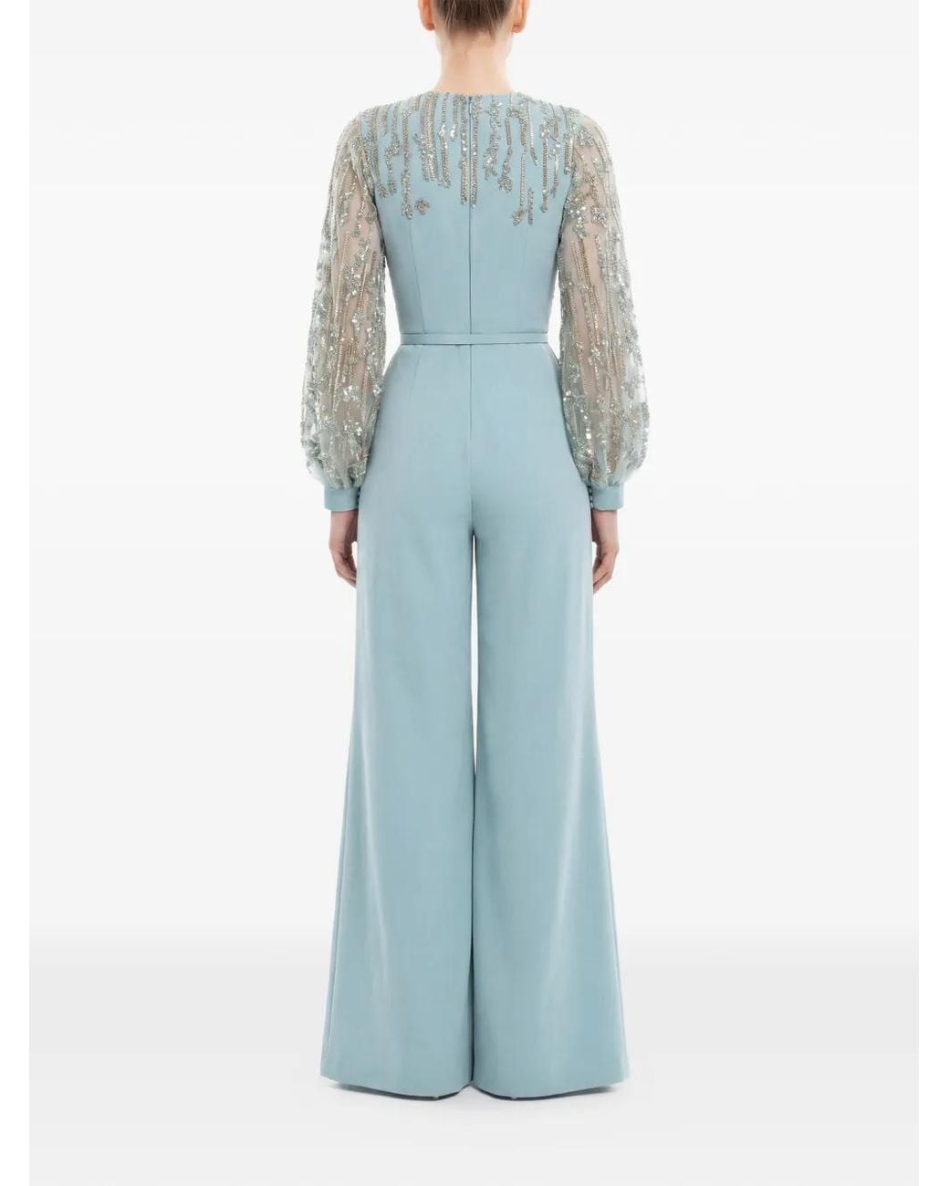 Saiid Kobeisy Blue Beaded V-Neck Belted Jumpsuit