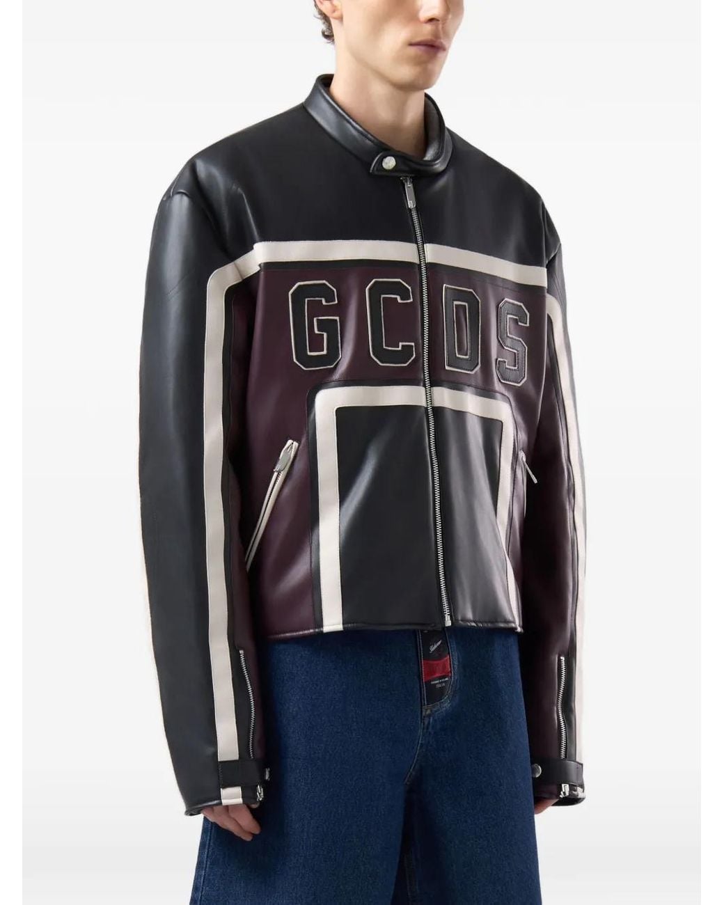 Gcds Black Logo-Patch Panelled Biker Jacket for men