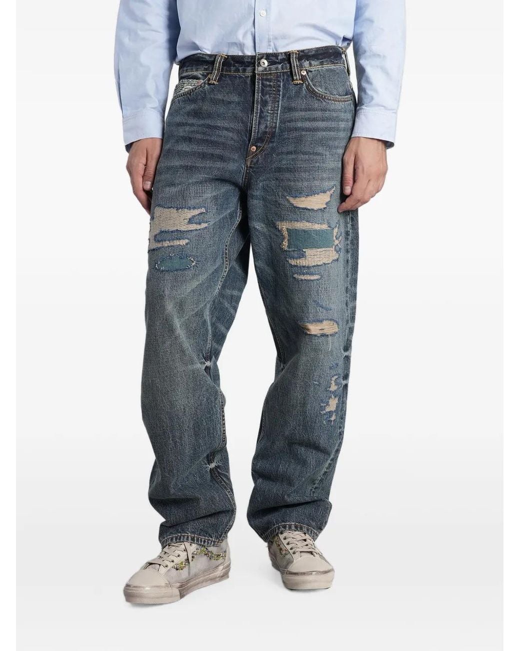 Evisu Blue Jean À Design Patchwork Et Effet Usé for men