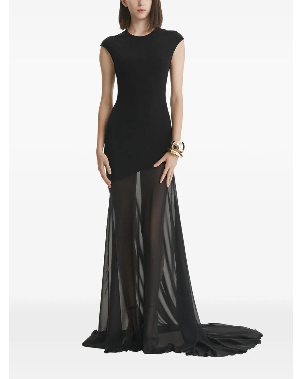 2310 STUDIO Black Asymmetric Sheer-Panel Maxi Dress