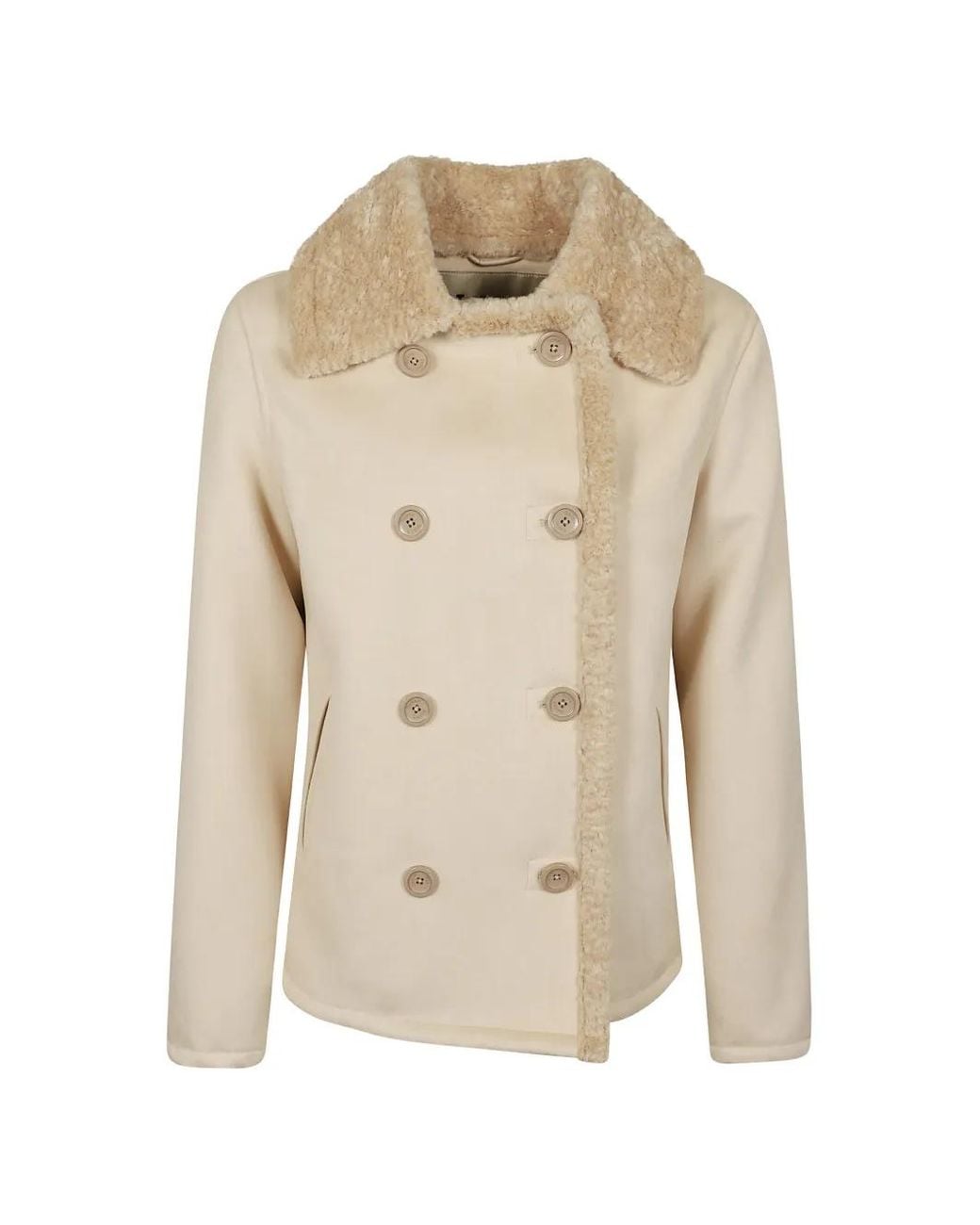 Herno Natural Double-Breasted Shearling-Trim Jacket