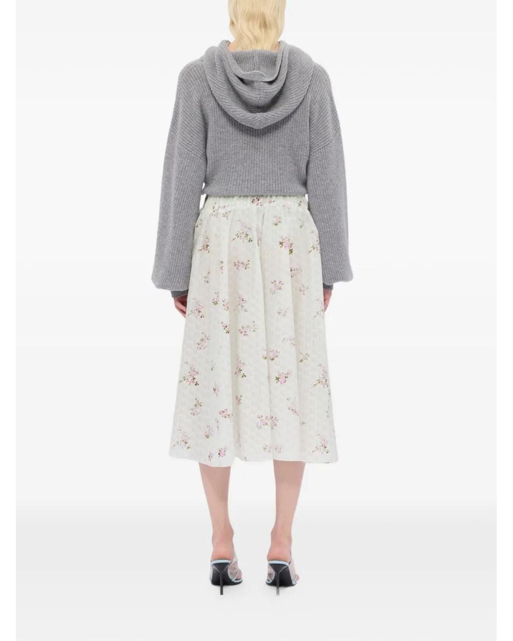 MSGM White Floral-Print Midi Pleated Skirt