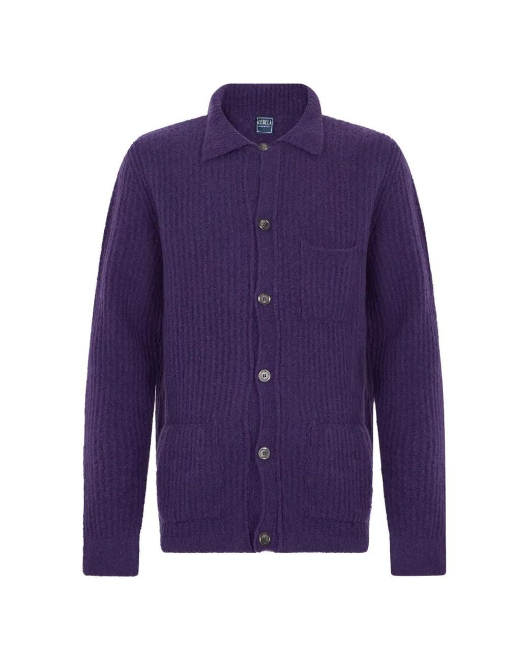 Fedeli Purple Ribbed-Knit Button-Up Cardigan for men