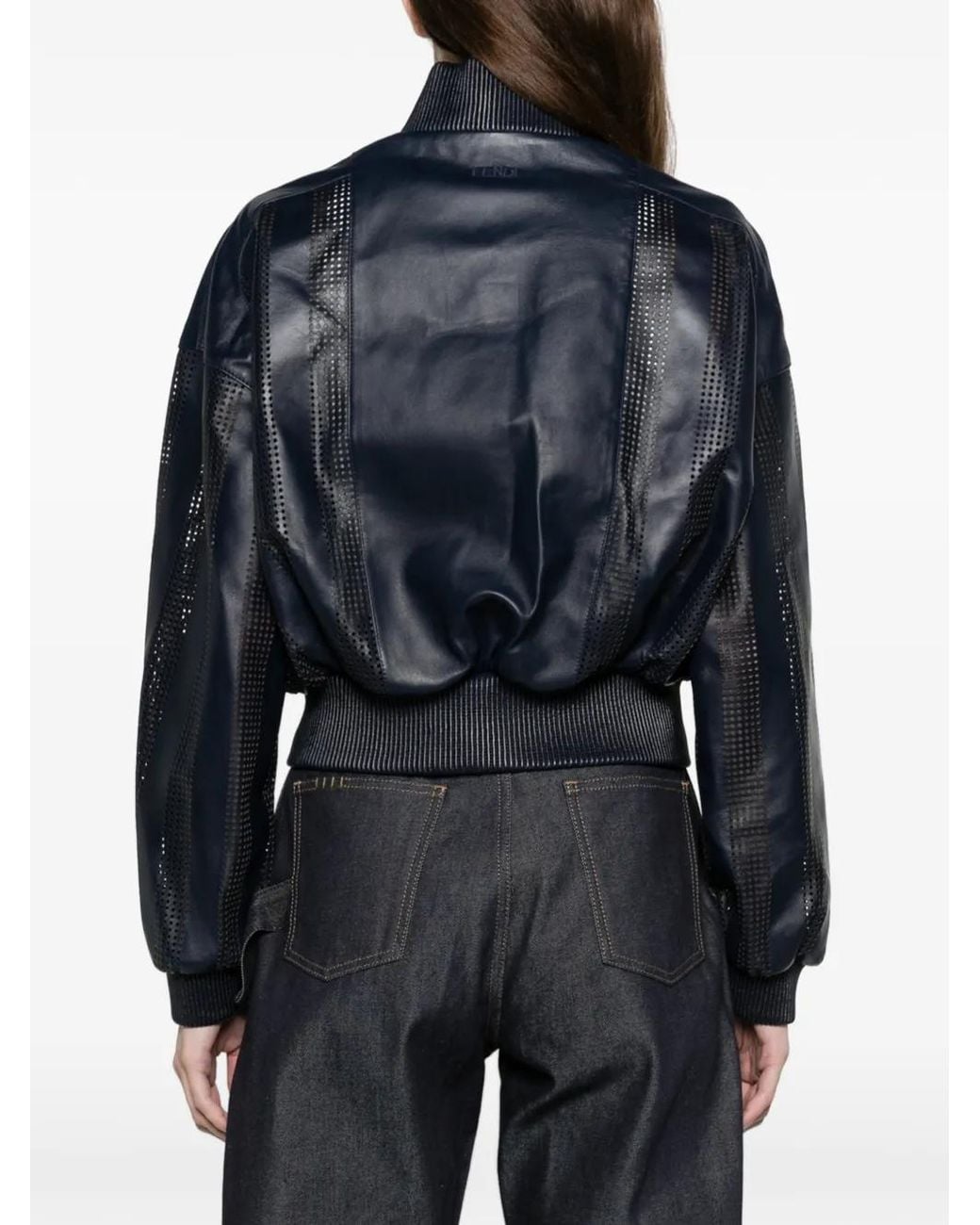 Fendi Blue Blouson Perforated Nappa Leather Jacket