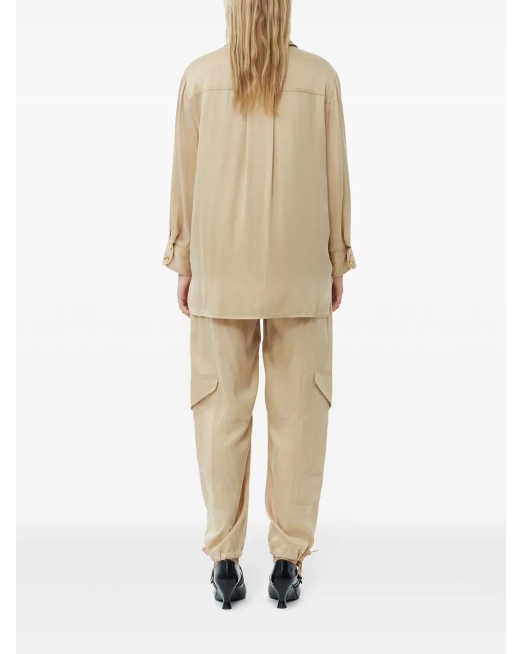Ganni Natural Long-Sleeve Satin Shirt