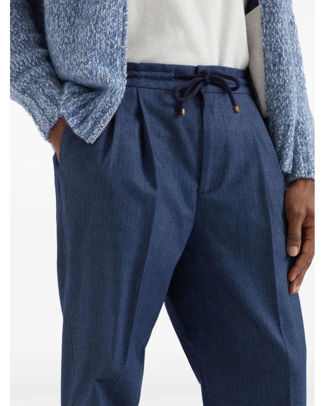 Brunello Cucinelli Blue Drawstring-Waistband Cotton Tapered Trousers for men