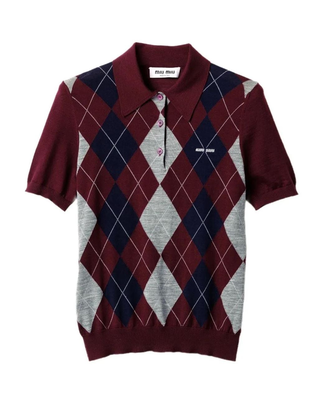 Miu Miu Red Argyle Intarsia-Knit Polo Shirt