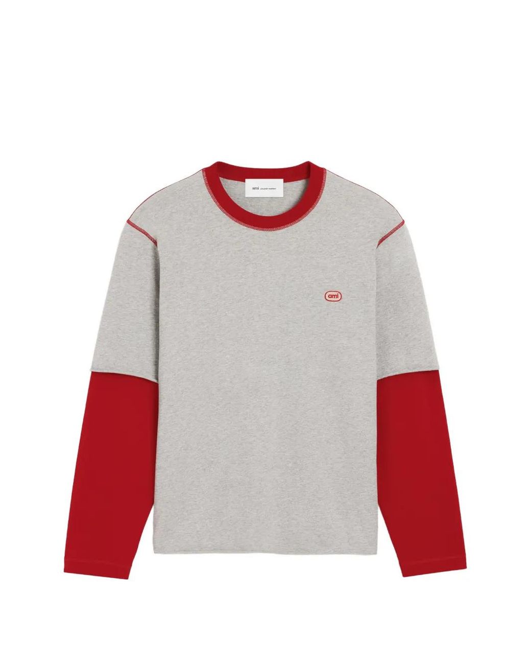AMI Red T-Shirt En Coton À Manches Doubles Avec Patch Ami for men