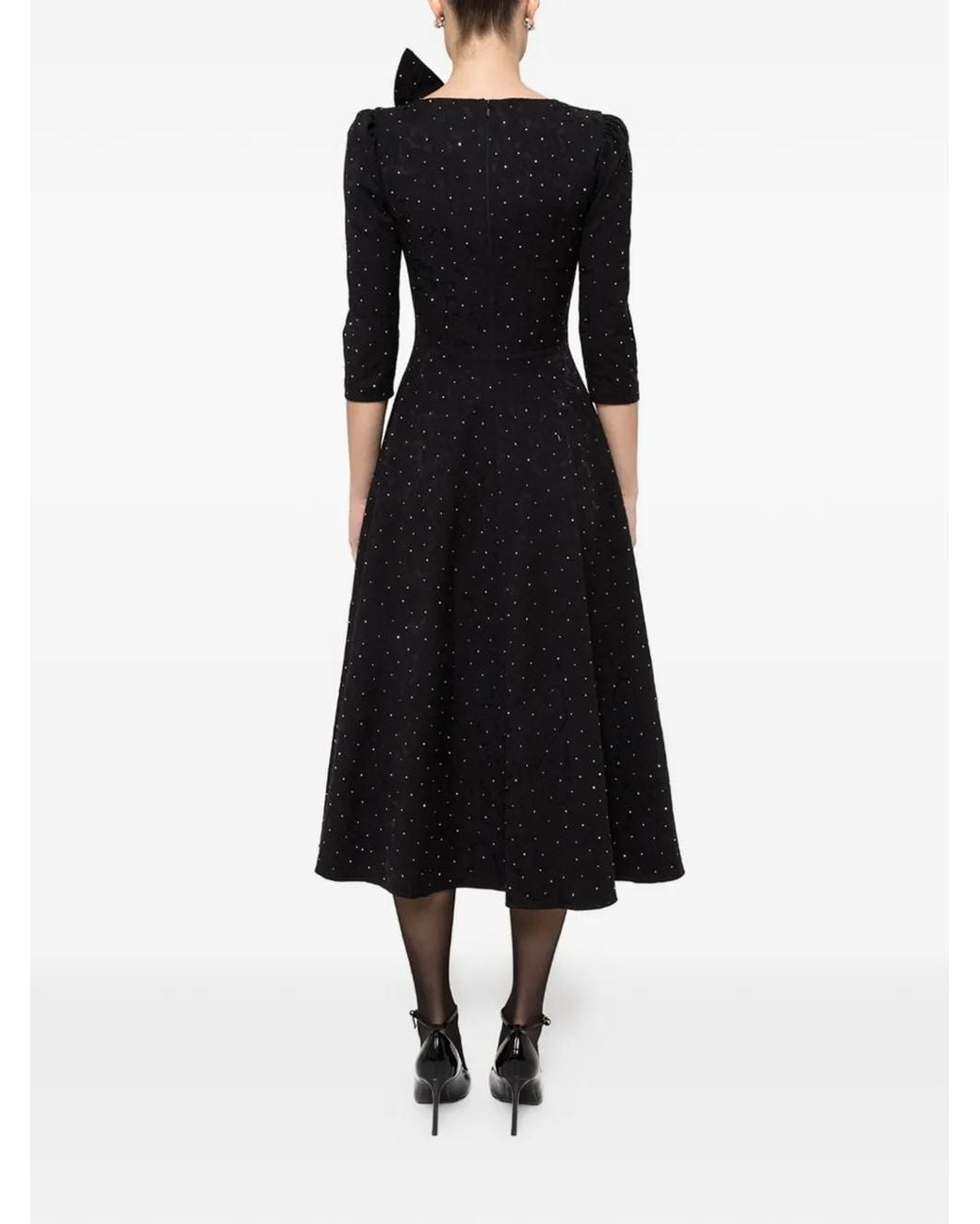 Nissa Black Rhinestone-Embellished Brocade Midi Dress