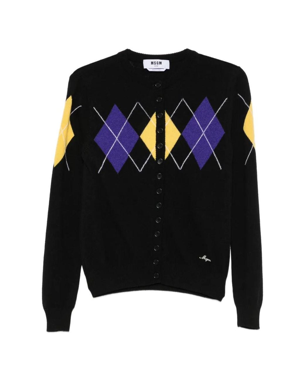MSGM Black Argyle-Intarsia Button-Up Cardigan