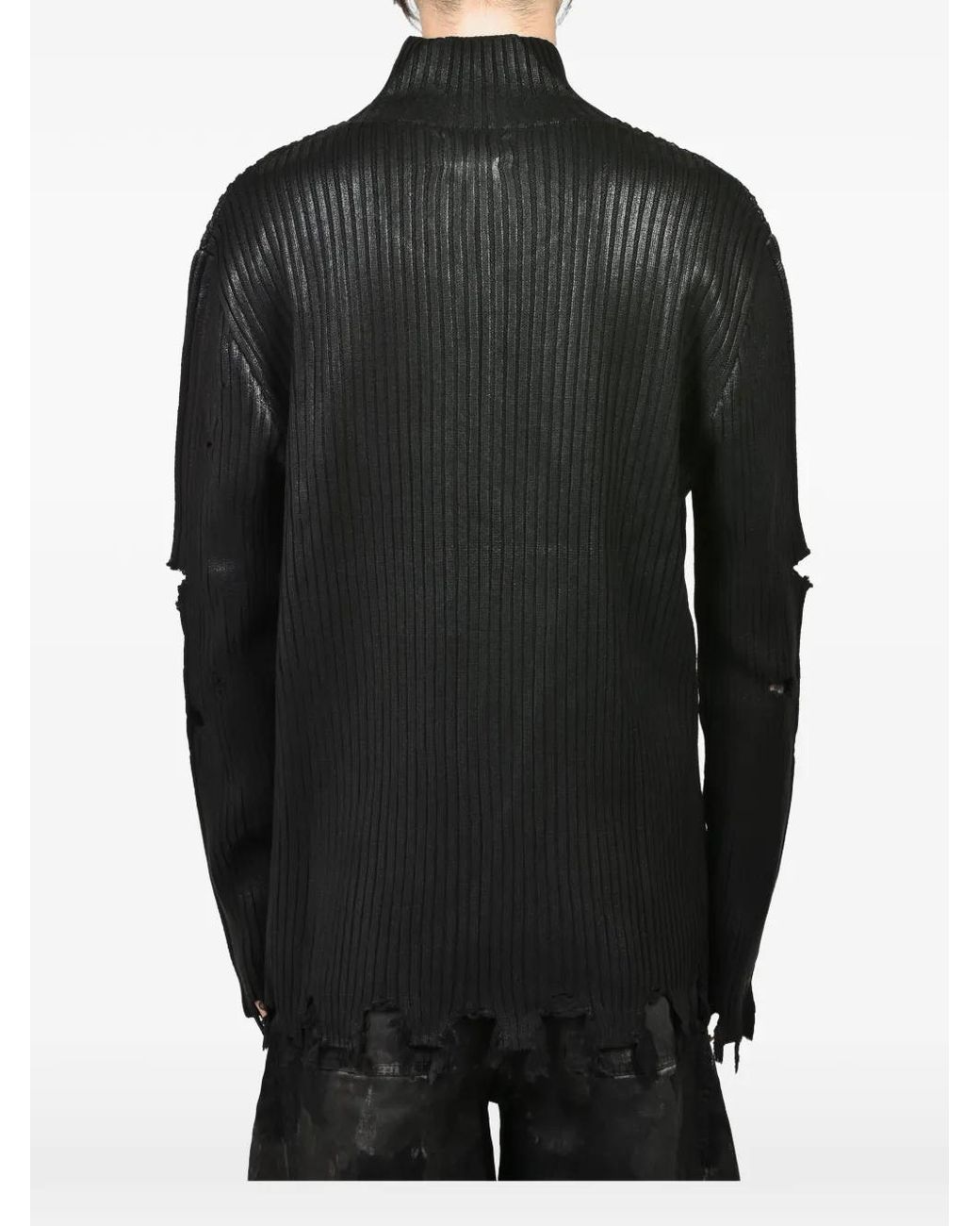 FILTH Black Waxed Distressed-Knit Cardigan for men