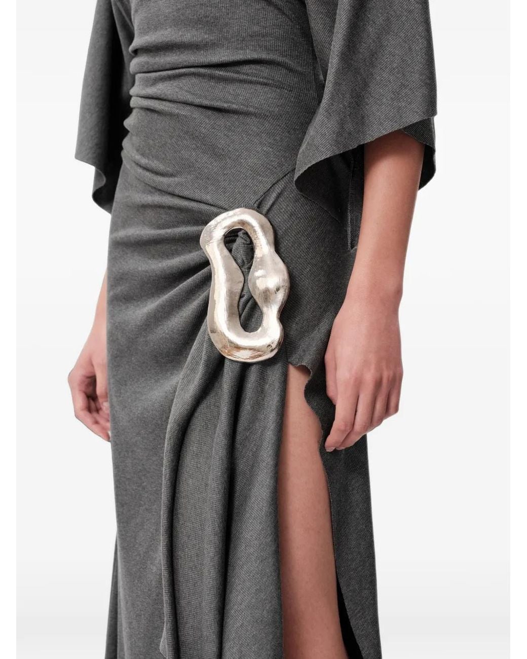 Concepto Gray Ash Draped Buckle-Detail Asymmetric Midi Dress
