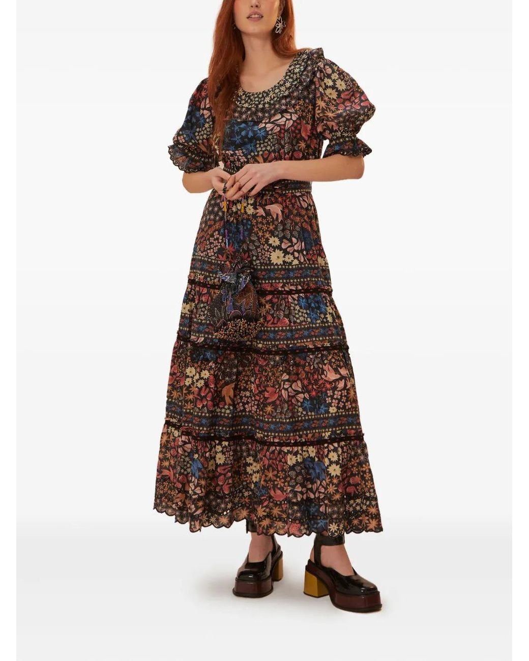 chinese dress ladies Farm Rio Ainika Long Sleeve Tiered Maxi Dress in Graphic Ainika Red at Nordstrom, Size XX-SMALL
