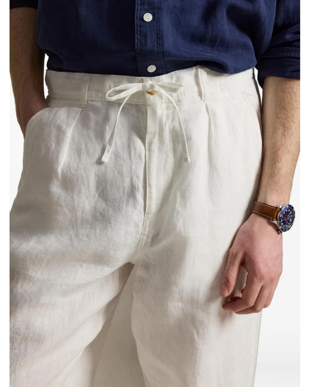 Polo Ralph Lauren White Pleated Drawstring Trousers for men