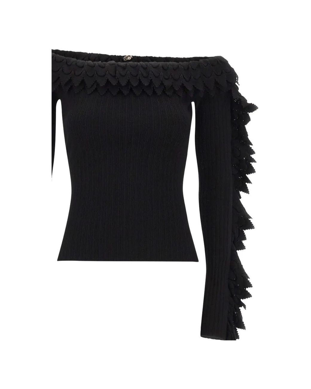 Blumarine Black Ribbed Sweater With Scalloped Ruffles