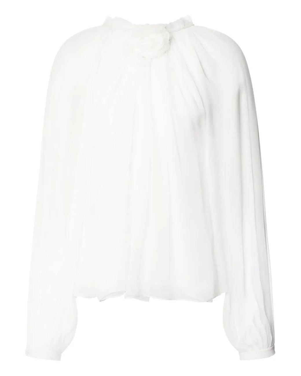 Alberta Ferretti White Sheer Silk Blouse With Floral Embellishment
