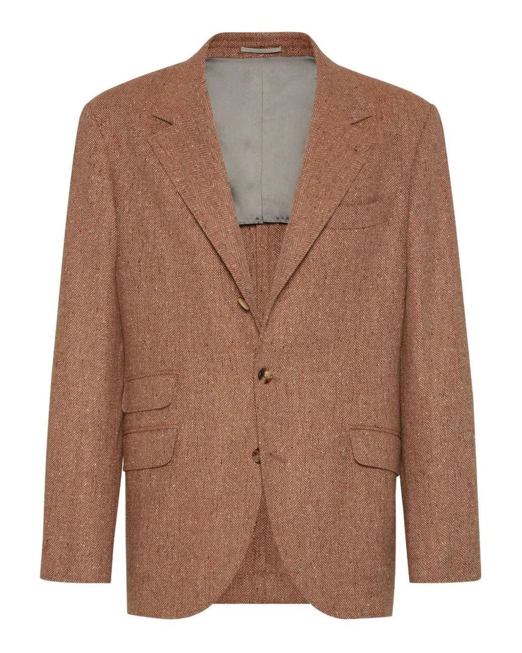 Brunello Cucinelli Brown Herringbone-Pattern Single-Breasted Blazer for men