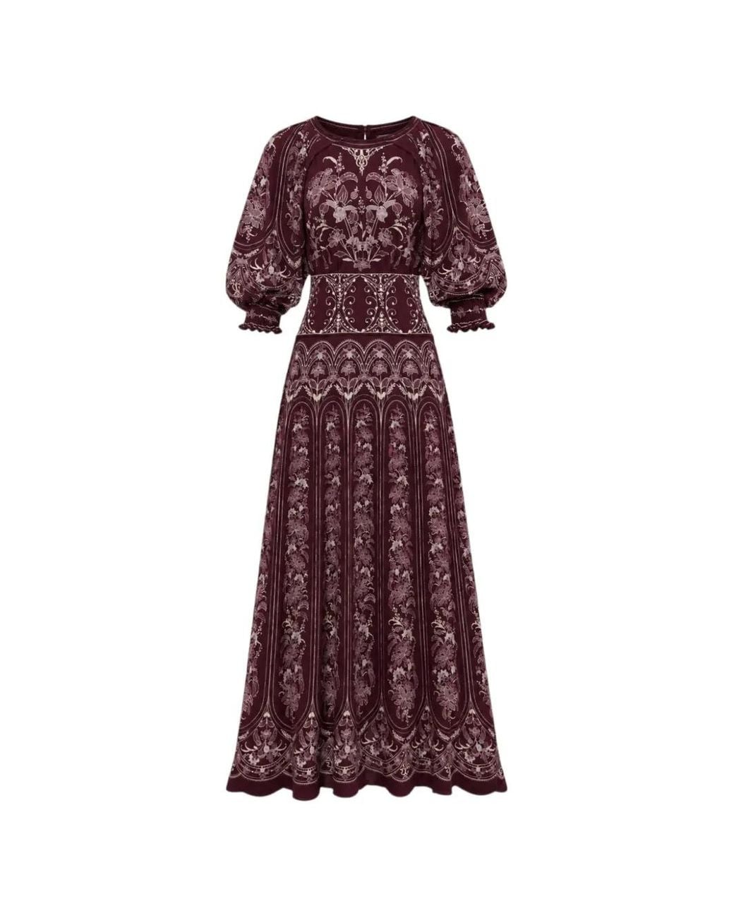 Farm Rio Purple Maxi Floral-Print Puff-Sleeve Dress