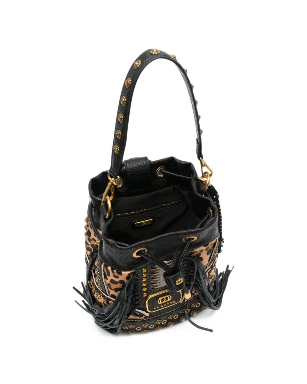 La Carrie Black Jungle Leopard-Print Studded Bucket Bag