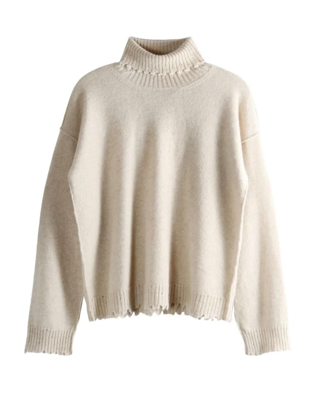 Uma Wang Natural High Neck Frayed Sweater