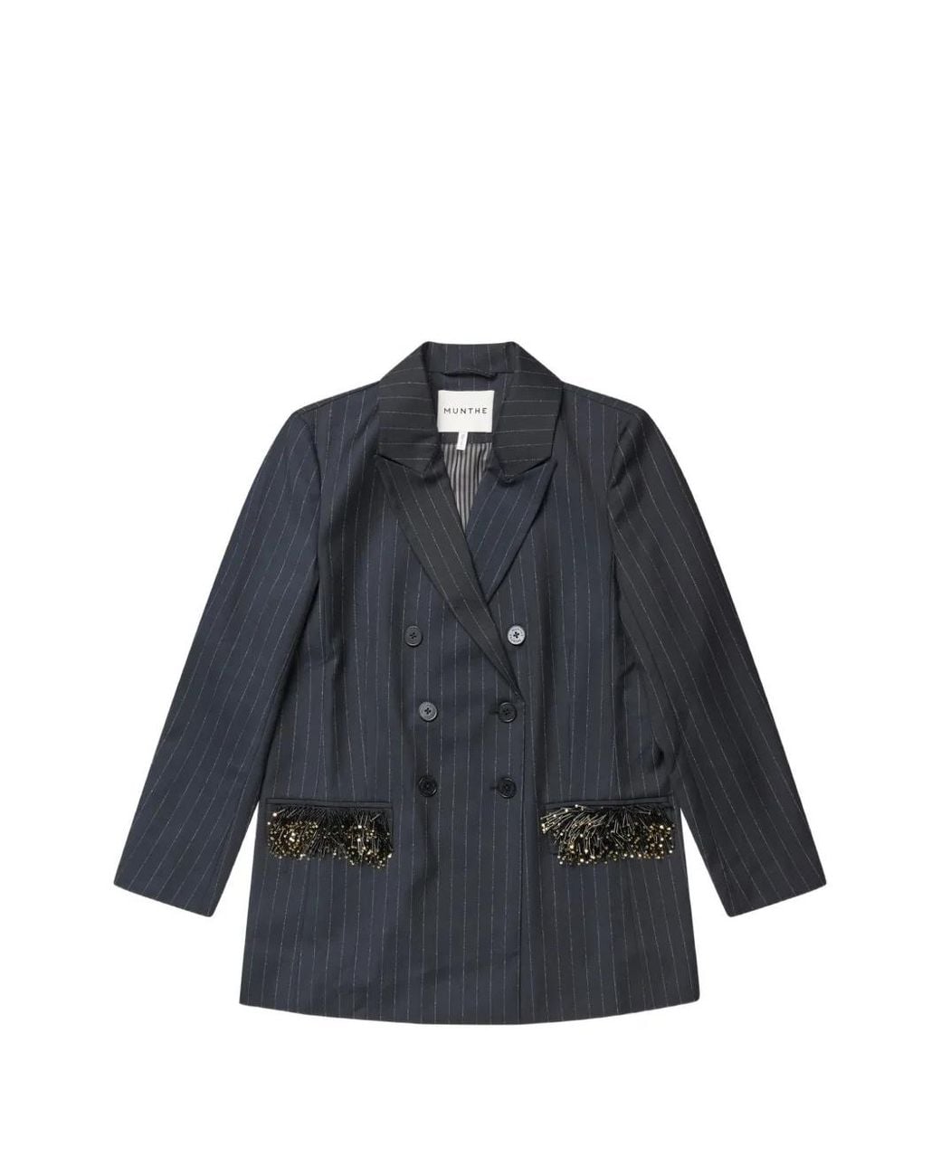 Munthe Blue Pinstriped Beaded-Fringe Coat