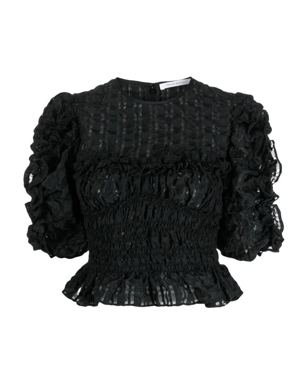 CECILIE BAHNSEN Black Ruffled-Detail Organza Top