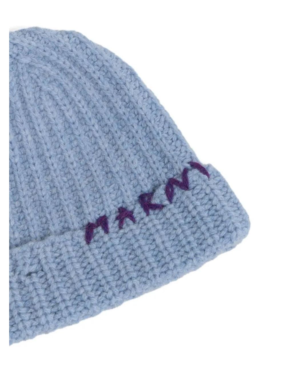Marni Blue Shetland Wool Beanie With Mending-Embroidery