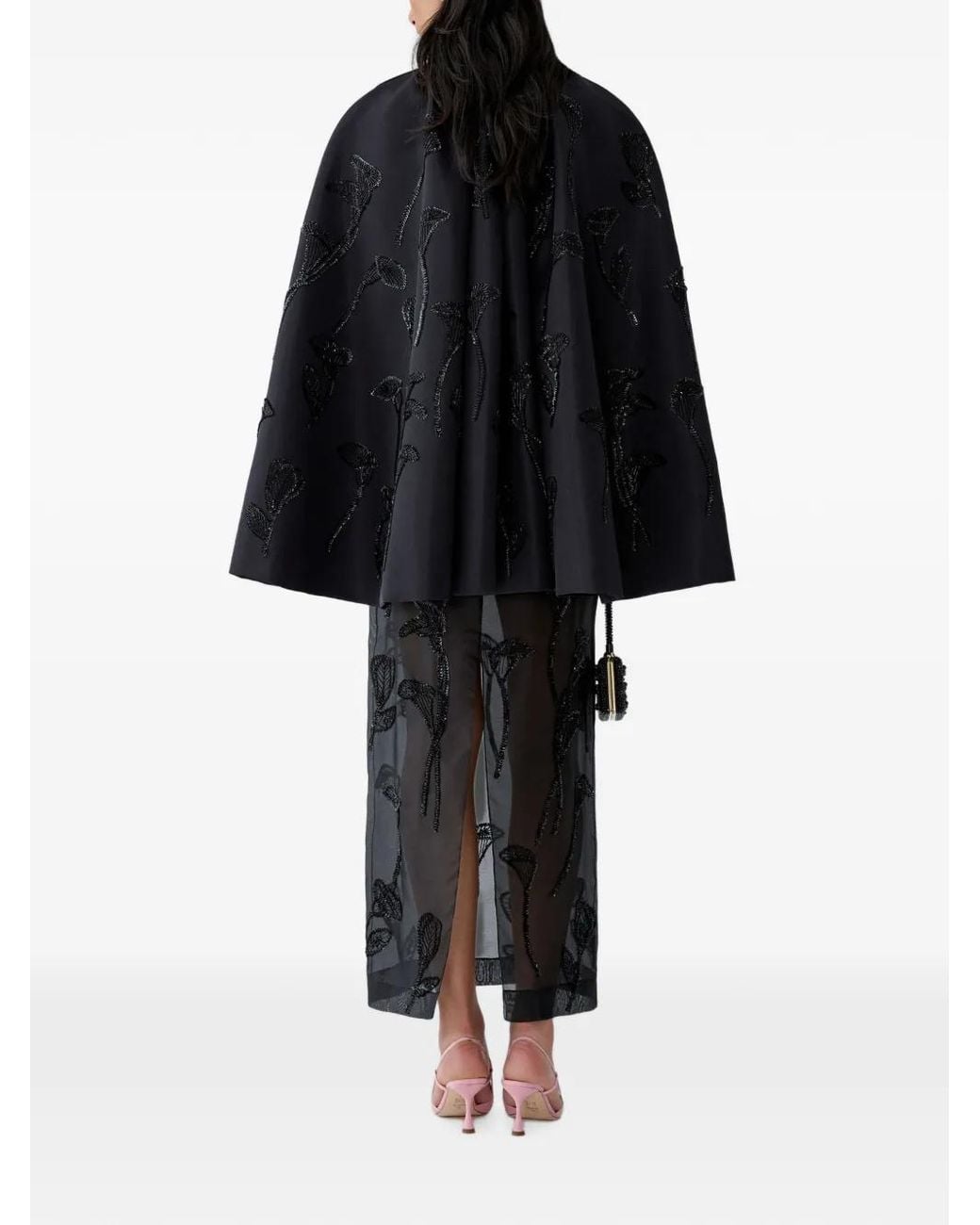 Carolina Herrera Black Floral-Embroidered Silk Cape