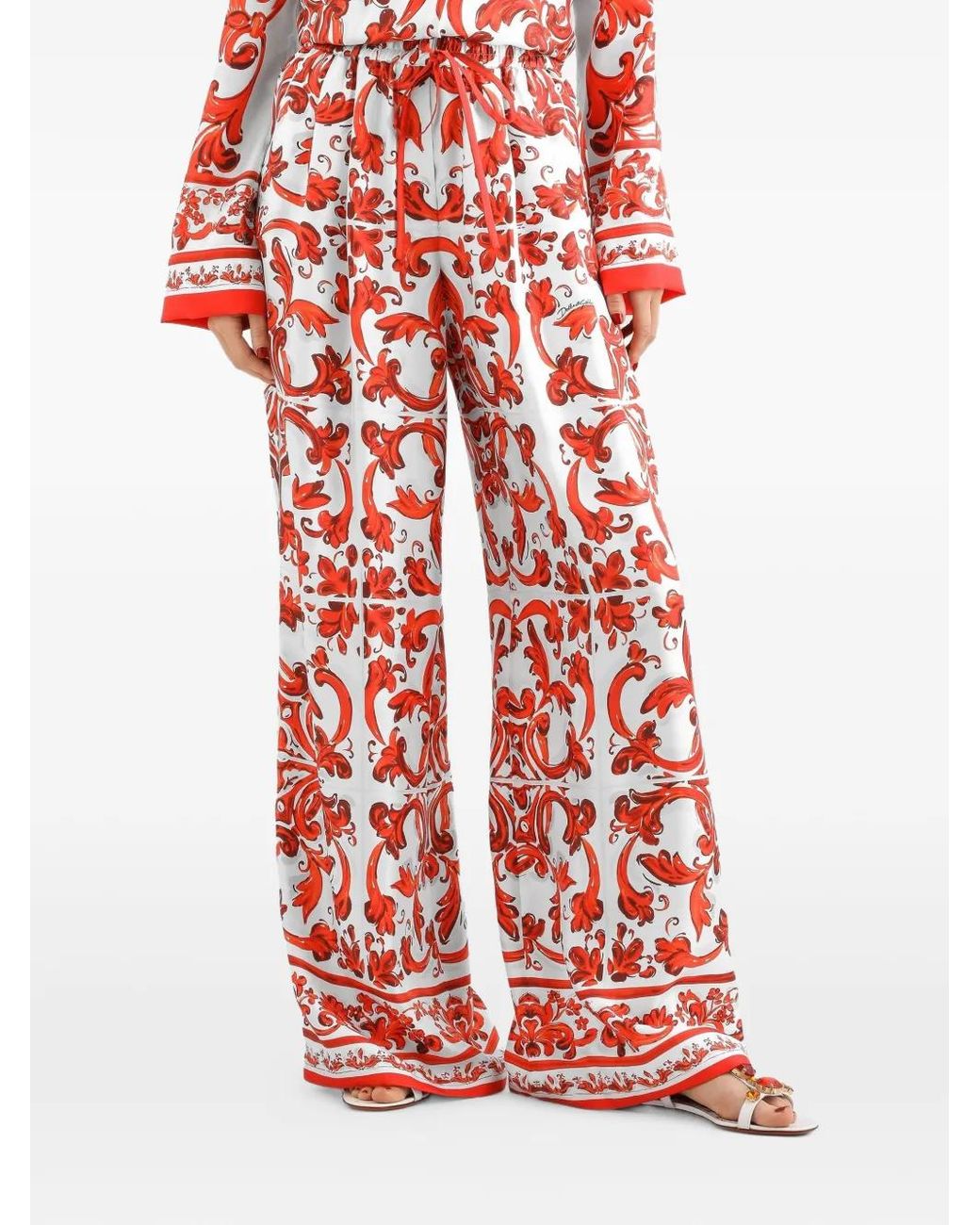 Dolce & Gabbana Red Majolica-Print Silk Trousers