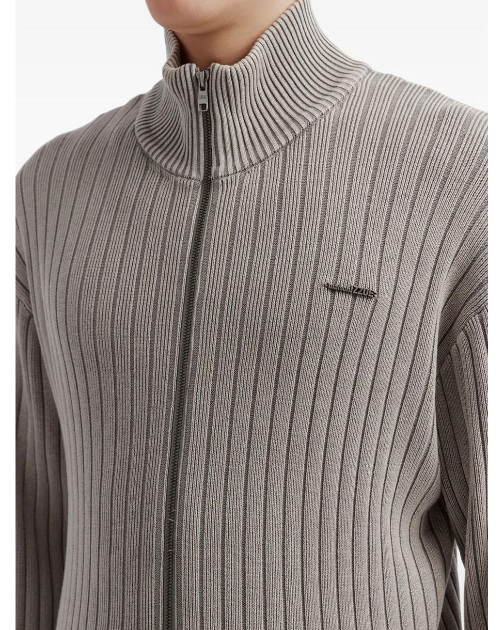 Izzue Gray Ribbed-Knit Zip-Up Cardigan for men