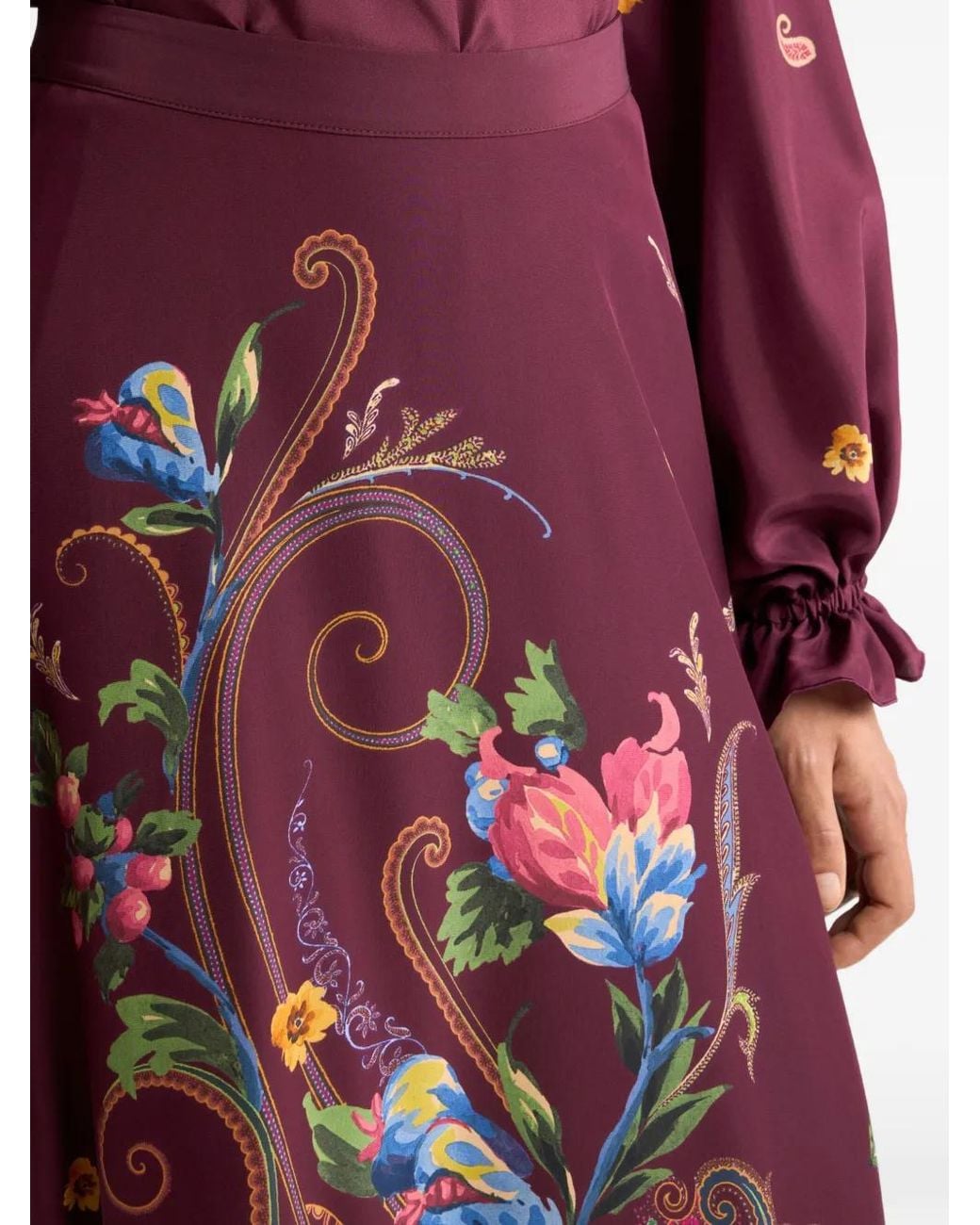 Etro Red Silk Maxi Skirt With Placed Floral Paisley Print