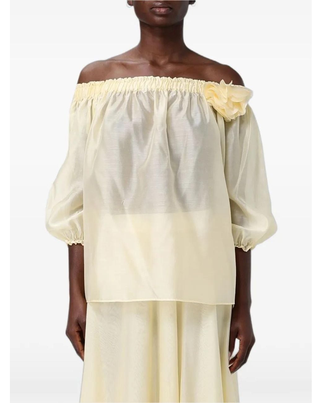 Hanita Natural Off-Shoulder Floral-Appliqué Blouse