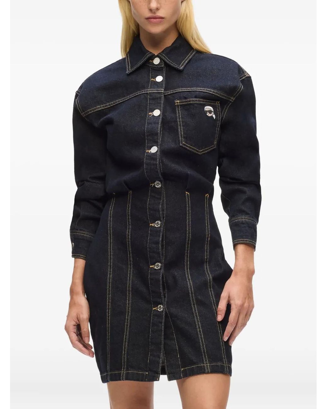 Karl Lagerfeld Blue Logo-Patch Denim Shirt Dress