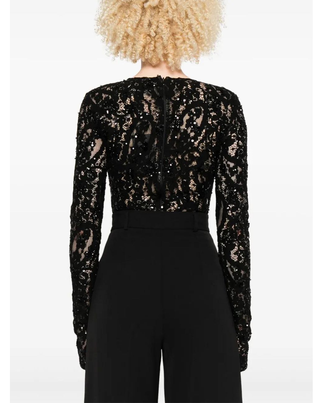 Nissa Black Sequin-Detail Lace Bodysuit