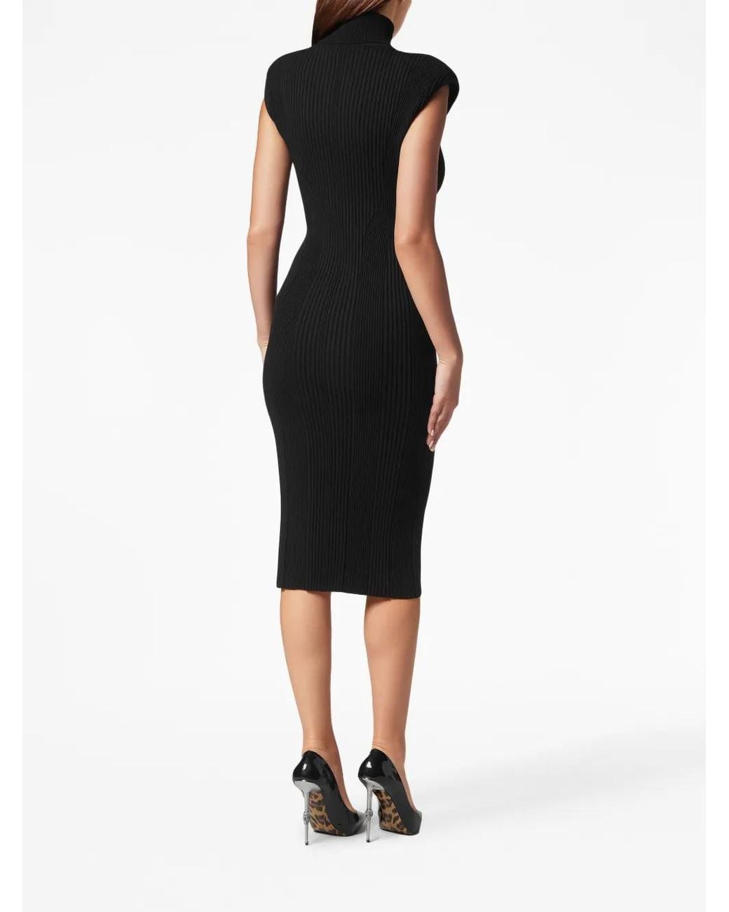Philipp Plein Black Shoulder-Pads Ribbed Midi Dress